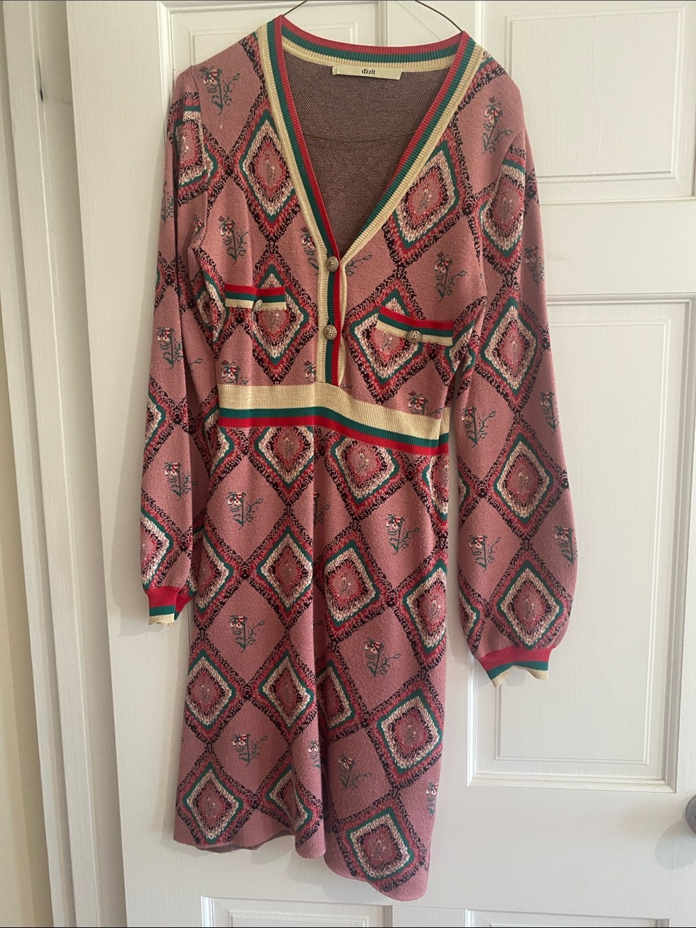 Club Monaco Pink Geo-Print Knit Long-Sleeve Dress with Striped Trim